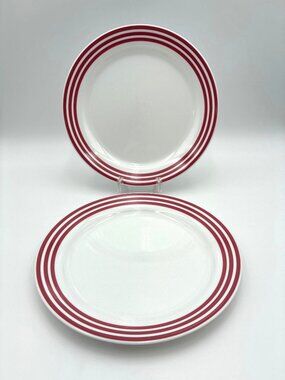 Corelle Set 2 Classic Cafe Red 10.25in Dinner Plate 3 Red Bands Rings Rim